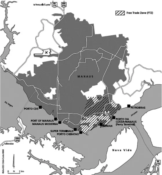 Figure 2 – The Manaus metropolitan region and the location of its ports and FTZ