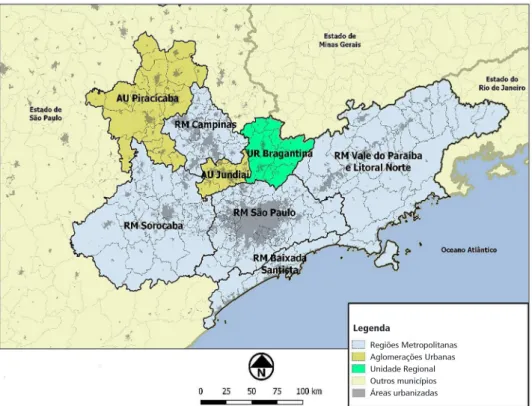 Figura 2 – Mapa da macrometrópole paulista, com as regiões metropolitanas, aglomerações urbanas e unidade regional que a compõem, bem como da área urbanizada