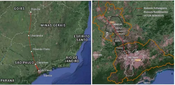 Figura 1 –  Eixo Anhanguera e o vetor Noroeste, inserção nacional, estadual e metropolitana