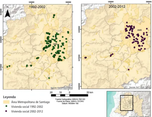 Figura 1 – Localización viviendas sociales, área metropolitana de Santiago (1992-2002; 2002-2012)