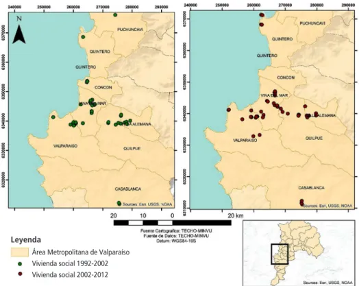 Figura 2 – Localización viviendas sociales, área metropolitana de Valparaíso (1992-2002; 2002-2012)