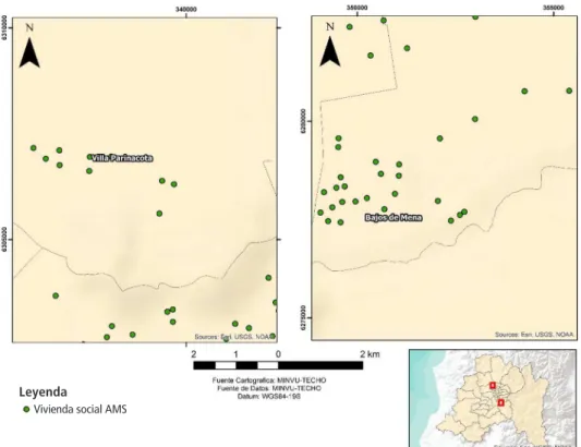 Figura 3 – Aglomeración y localización de viviendas sociales en las poblaciones  Parinacota y Bajos de Mena, Área Metropolitana de Santiago