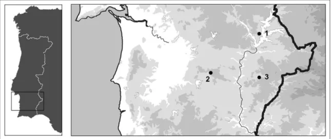 Figura 2.1- Localização dos sítios arqueológicos. Perdigões; 2- Horta do Jacinto; 3- Montinhos 