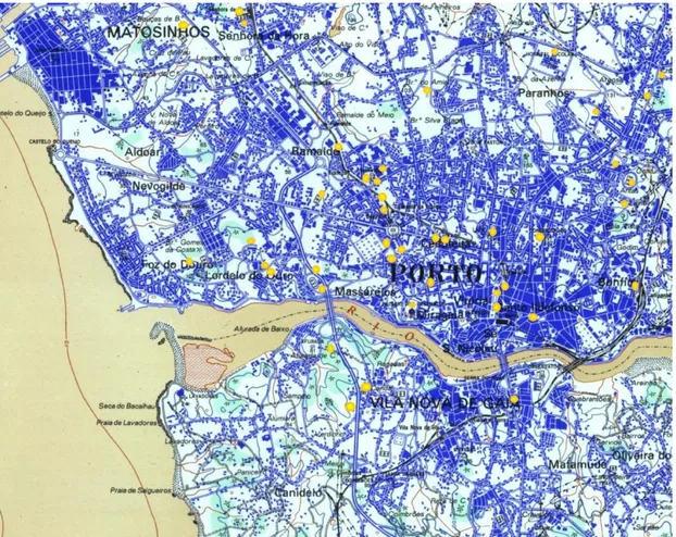 Figura  5:  Mapa  geográfico  da  cidade  do  Porto  com  destaque  aos  principais  pontos  de  hotspots.Fonte: Raquel Maciel 64 , com edição e adaptações de Fabiana Lima