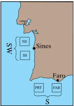 Fig. 3 The sample sites for the trapping experiments (SW &amp;S) with the related areas: Sines North (SN),  Sines South (SS), Portimão (PRT) and Faro (FAR)
