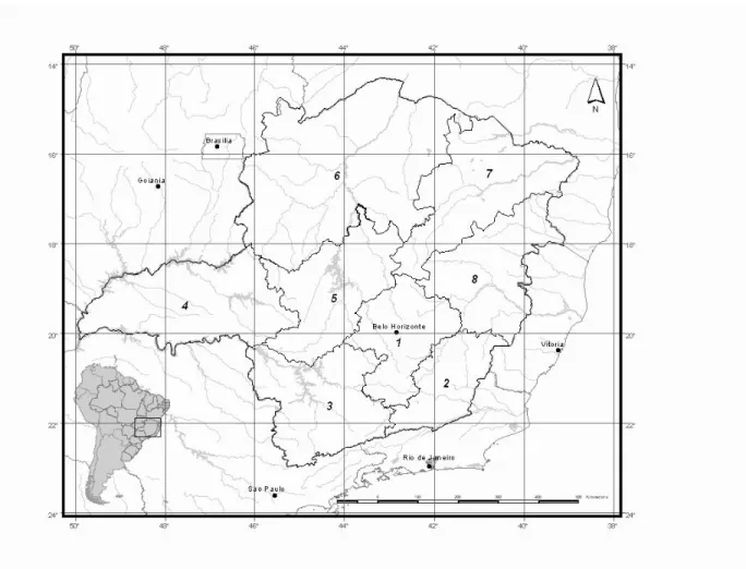 Figure 1. Map of geographical development zones defined by Fundação João Pinheiro for the state of Minas  Gerais (modified from Diniz &amp; Batella 2005)