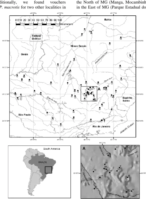Figure  2:  Map  showing  site  localities  where  at  least  one  bat  has  been  sampled  within  the  state  of  Minas  Gerais