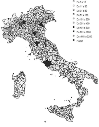 Figura 1. A geografia das patentes-Epo na Itália com base nos sistemas locais do trabalho