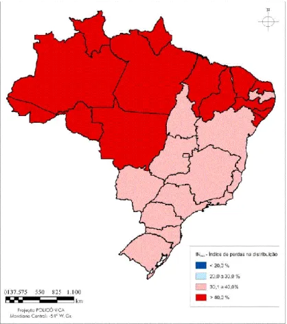 Figura 2 - Índice de perdas na distribuição, distribuído por faixas percentuais, por  estados da Federação
