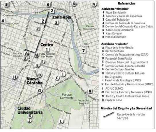 Gráfico  1:  Mapeo  de  los  sitios  donde  se  concentran  las  rutinas  espaciales  del  activismo  histórico  [referencias numéricas] y reciente [referencias alfabéticas], y recorrido de la Marcha del Orgullo y la  Diversidad (14/11/09), Córdoba, Argent