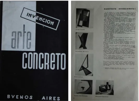 Ilustración 4 y 5. A la izquierda: Arte Concreto-Invención, nº 1, Buenos Aires, agosto de 1946,  tapa. A la derecha: VV.AA...,“Manifiesto Invencionista”, Arte Concreto-Invención, nº 1, Buenos  Aires, agosto de 1946, p. 8.