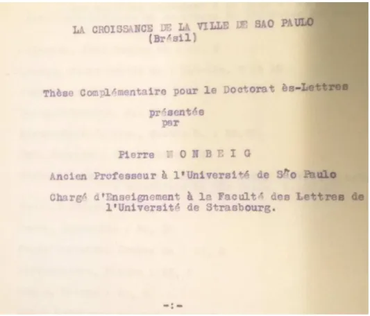 Figura 1 –  Fac-símile da capa do doutorado complementar de Pierre Monbeig. Arquivo IEB