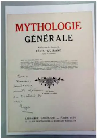 Figura 3 – Folha de rosto do livro Mythologie générale (direção de Félix Guirand), com  dedicatória de Lygia Fagundes Telles
