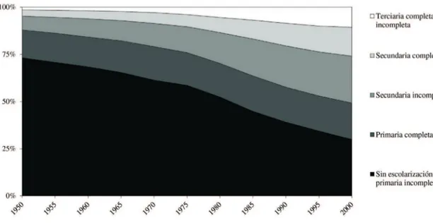 Gráfico 2 - Distribución de la población mayor a 25 años según categorías de formación, promedio de 11 democracias latinoamericanas inestables (1950-2000)