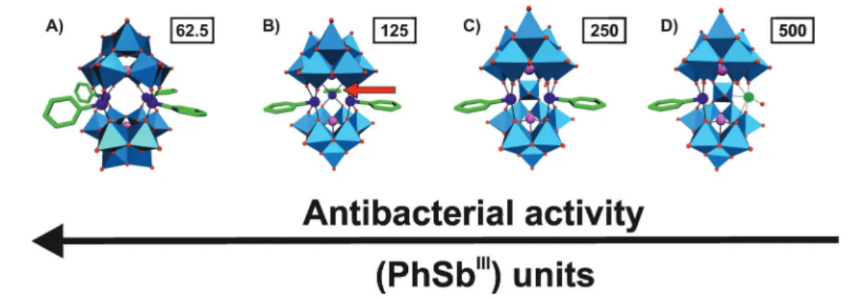 Fig. 2 Structure–function-relationship of organoantimony( III )-containing POTs. (A) [(PhSb III ) 4 (A-a-As V W 9 O 34 ) 2 ], 10–61 (B) [(PhSb III ) 3 (B-a-As III W 9 O 33 ) 2 ] 12 , 62 (C) [(PhSb III ) 2 As III 2 W 19 O 67 (H 2 O)] 10 62 and (D) [(PhSb II