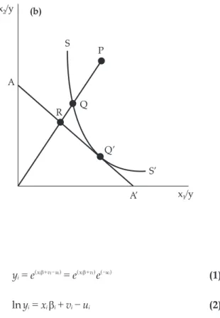 Figura 3. Fronteira de possibilidade de produção orientada para produto (a) e insumo (b) A B C S PRQ Q’ A’ x 1 /yx2/yy2/y1y1/x1AS’B’D’D Z’Z(a) (b)