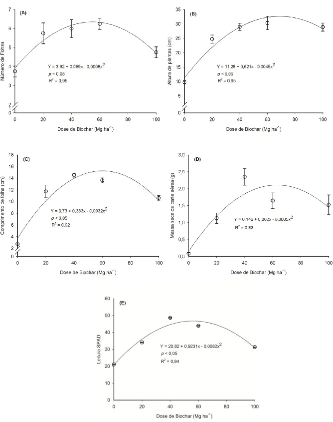 Figura  3.  Efeito  de  doses  de  biochar  de  LE   nos  parâmetros  biométricos  da  cultura  do  rabanete:  (A)  número  de  folhas;  (B)  altura  das  plantas;  (C)  comprimento  das  folhas;  (D)  massa  seca  da  parte  aérea;  (E)  teor  de  clorofi