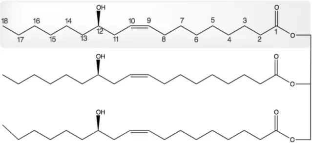 Figura 4. Estrutura do ácido ricinoléico em forma de triglicerídeo. Figura adaptada de Patel et al