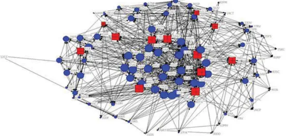 Figure 2: Graphic presentation of the level of betweenness centrality. Area managers are in boxes 