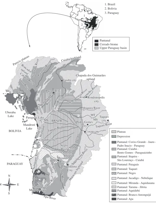 Figure 1. The Pantanal wetland and the surrounding upland (Planalto), in the center of South America, with its large portion  in Brazil, and a small part entering Bolivia to the north and also touching Paraguay to the south