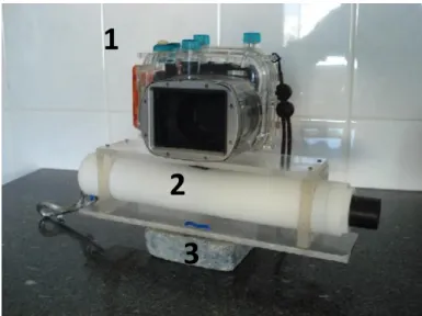 Figure 3.3: Hydrophone and video camera apparatus (1-Camera, 2- Hydrophone, 3-Weight)