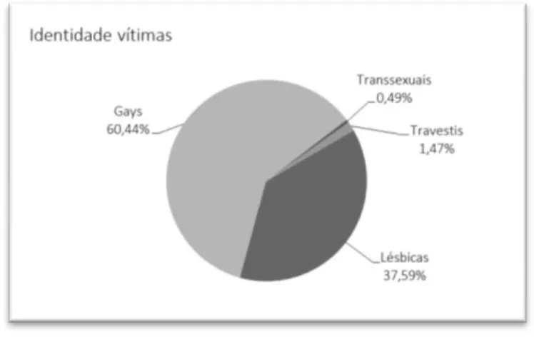 Figura 03: Gráfico das vítimas de violência classificadas por identidade em 2012. Fonte: Relatório sobre  violência homofóbica no Brasil