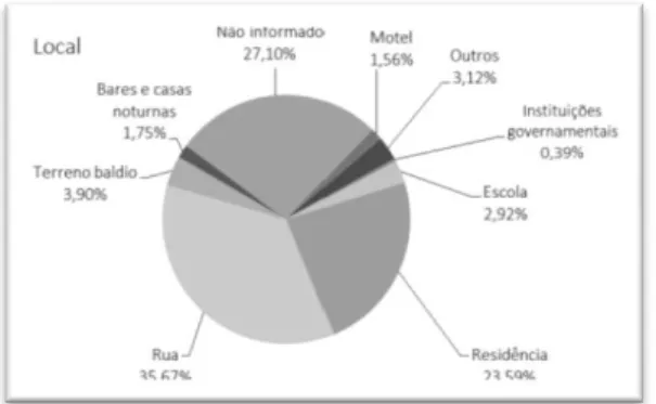 Figura 06: Gráfico dos locais de ocorrência no ano de 2012, segundo o Relatório sobre violência  homofóbica no Brasil