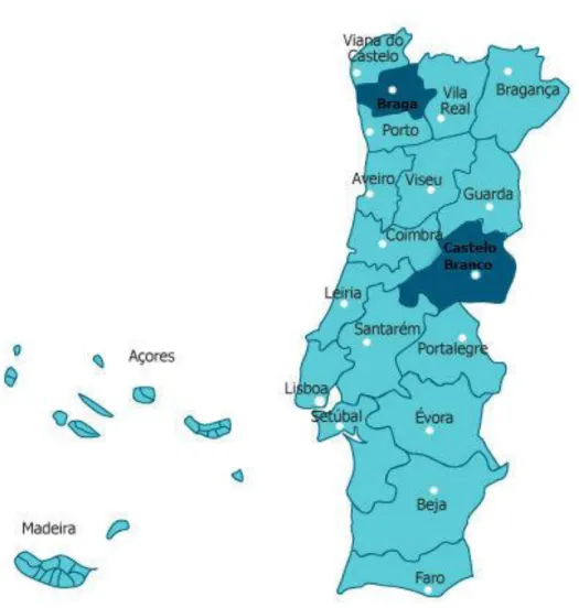 Figura 1 - Mapa de Portugal, com indicação dos distritos em estudo