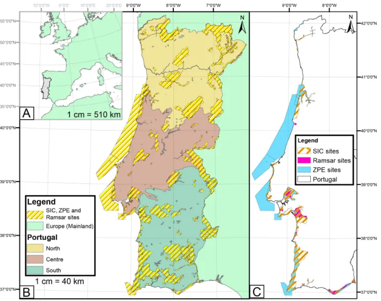 Figure 3. Location of the study case. A) Portugal’s location within Europe. B) Portugal with natural parks, SIC, ZPE and Ramsar sites