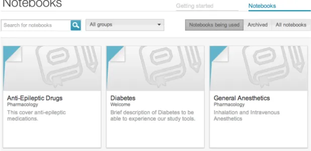 Figure  9  -  Notebook  list.  Notebooks  can  be  searched  using  the  search  bar  and  the Notebook  status filters plus they can be filtered according to the subscribed Group selection