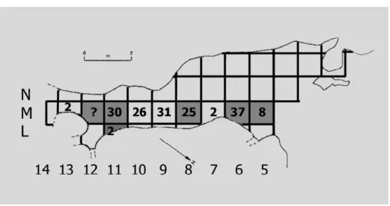 FIGURE 7. Plan view from Gruta do Pego do Diabo. Numbers indicate the frequency of ceramic fragments while the shaded squares show where Dufour bladelets were found (modified after Zilhão, 1995: fig