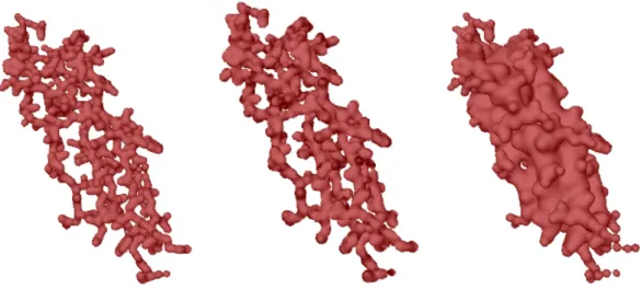 Figure 4.7: Connolly surfaces of the molecule 2qzd: Blinn function (left), Soft Objects function (center), Inverse Squared function (right)
