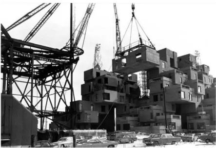 Fig. X - Montagem do Habitat'67 a partir de estruturas modulares. (Safdie 1970)