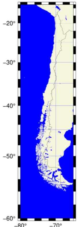 Figure 3. Example of a modern mode plot of Chile, using the country code CL to set the plot region rounded to the nearest 5°.