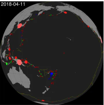 Figure 6. Single frame (#50) of a 1 ‐ year animation of daily frames showing the evolution of larger (> magnitude 5) earthquakes in the Paci ﬁ c during 2018