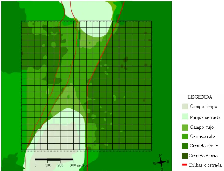 Figura 2: Grade de amostragem (100 ha) na Estação Ecológica de Águas Emendadas para o estudo de  Neothraupis fasciata mostrando o gradiente fitofisionômico