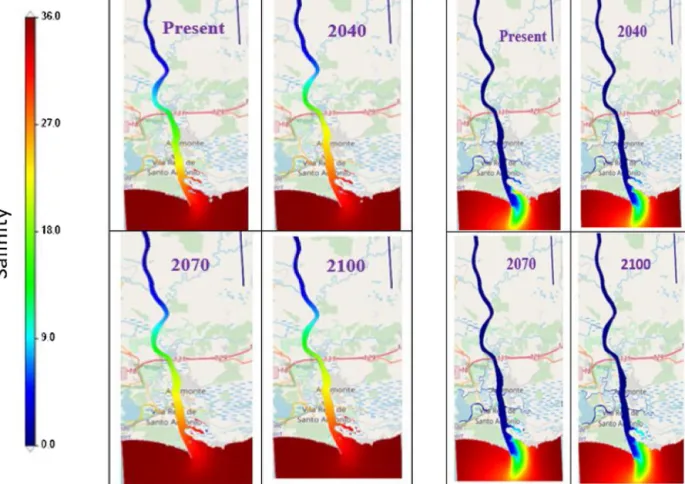 Fig. 7. Salinity distribution maps in low water conditions for a discharge ﬂow of 10 m 3 /s (left) and 100 m 3 /s (right) for the present year, 2040, 2070 and 2100.