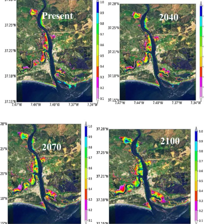 Fig. 9. Flood distribution maps for a discharge of 100 m 3 /s for the average M2 tide for the various scenarios of sea level rise