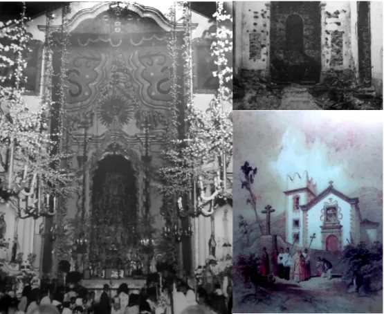 figura 3.1, 3.2 e 3.3- à esquerda, o interior da Igreja antes do incêndio, à direita em cima, a Igreja  após o incêndio, à direita em baixo, a ilustração do exterior da antiga Igreja