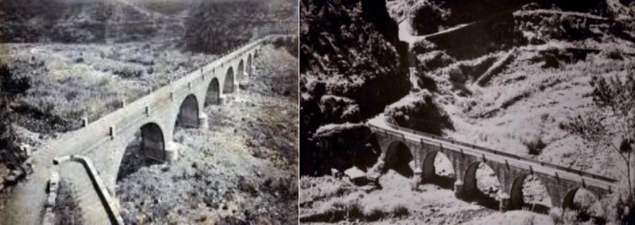 figura 3.19 e 3.20 - à esquerda, a ponte dos sete arcos, na década de 40, vista a sul, à direita, a  Ponte dos Sete Arcos, vista a norte 