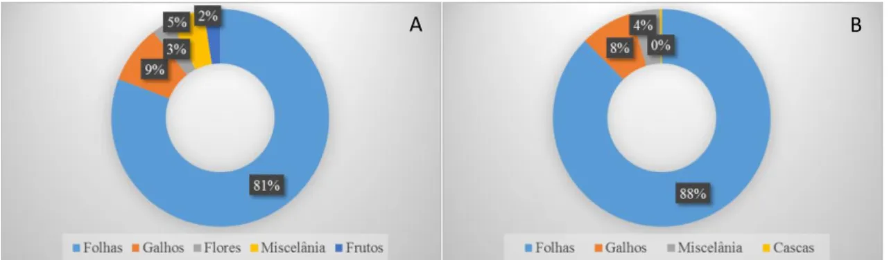 Figura 5 -  A – Percentual dos componentes depositados em Cerrado sentido restrito; B -  Componentes  em  percentual  da  serapilheira  depositada  em  Eucalyptus  urophylla  x 