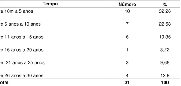 TABELA 11 - DISTRIBUIÇÃO DOS SUJEITOS DA PESQUISA POR  TEMPO DE  FORMAÇÃO  Tempo  Número  %  De 10m a 5 anos  10  32,26  De 6 anos a 10 anos  7  22,58  De 11 anos a 15 anos  6  19,36  De 16 anos a 20 anos  1  3,22  De  21 anos a 25 anos  3  9,68  De 26 ano