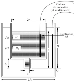 Figura 1 - Diagrama del oscilador de densidad: la soluci´ on salina se encuentra en el recipiente interno de radio r y el agua en el recipiente externo de radio R