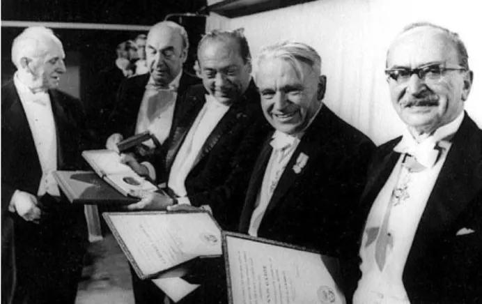 Figura 15 - Galardonados con los premios Nobel de 1971. De izquierda a derecha, Simon Kuznets (econom´ıa), Pablo Neruda (literatura), Earl Sutherland (fisiolog´ıa y medicina), Gerhard Herzberg (qu´ımica) y Dennis Gabor (f´ısica)