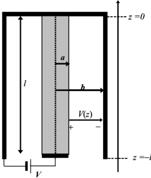 Figura 3 - Cable coaxil de longitud l formado por un conductor interno resistivo de radio a, y por um conductor exerno perfecto de radio b.