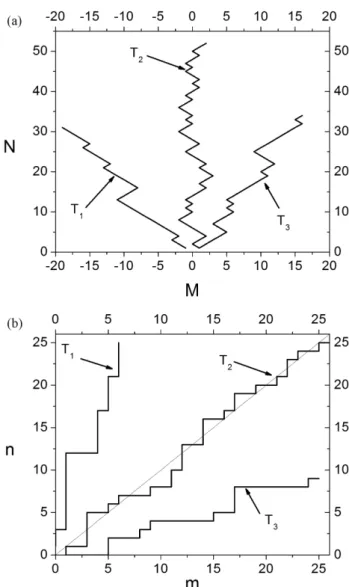 Figura 2. a) Trayectorias de las marchas aleatorias en el espacio m n y b) las mismas trayectorias en el espacio M N .
