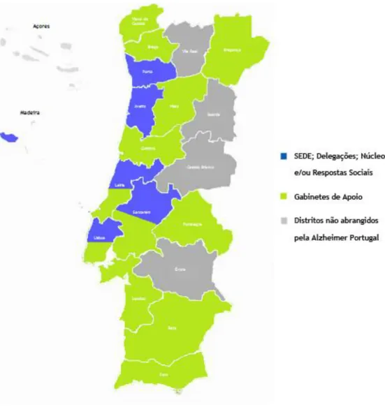 Figura 2 - Regiões onde se localizam as estruturas físicas da Alzheimer Portugal 