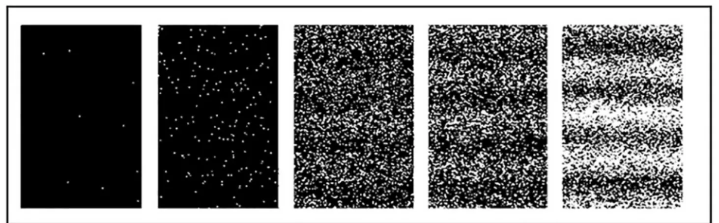 Figure 6 - Snapshots at increasing times (left to right) of detection screen in a double slit experiment with very low intensity of light.