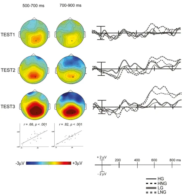 Fig. 3. Topographic maps (left) of late (500–900 ms) effects of grammatical status (NG-G) in each classifi- classifi-cation test (TEST1 = baseline preference; TEST2 = final preference; TEST3 = grammaticality classification) and illustrative ERP waveforms (