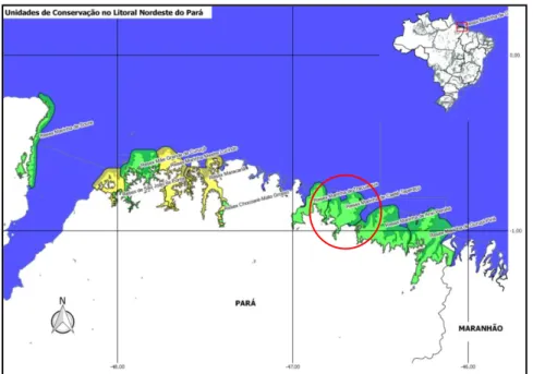 Figura 3.RESEXmarinhas localizadas no litoral nordeste do Pará com beneficiários do Bolsa Verde,  exceto as que estão em amarelo